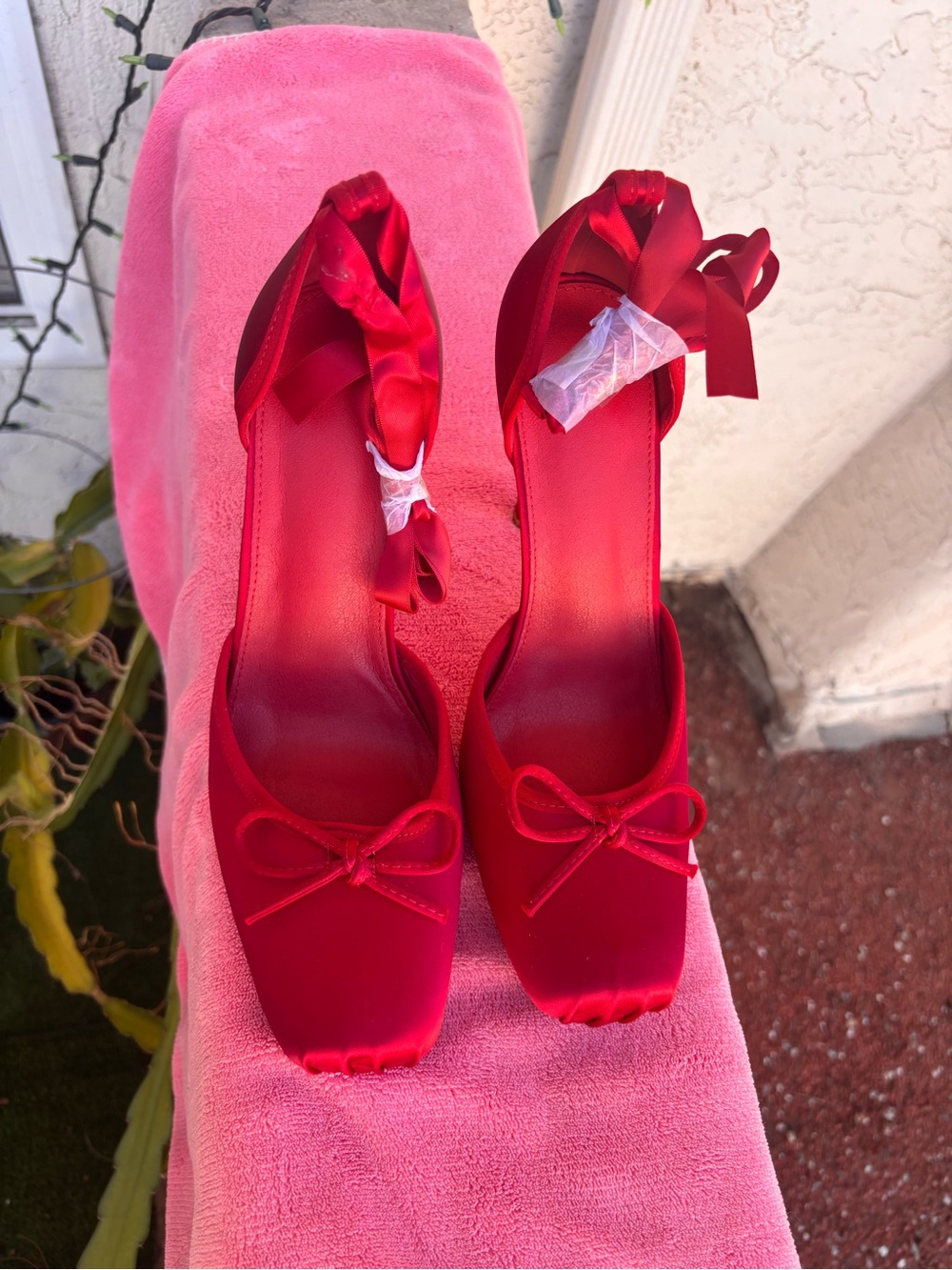 MIKARKA Red Satin Ballet Heels Bow Ankle Tie Stiletto Pumps Women’s 10
